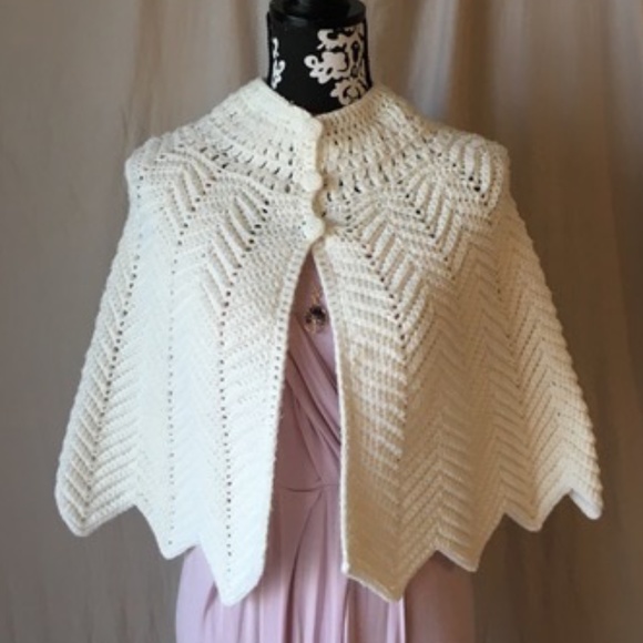 Hand Crafted Sweaters - SOLD—Vintage 1970s Handmade Crochet Chevron Cottagecore Mod Cape Shawl, Small